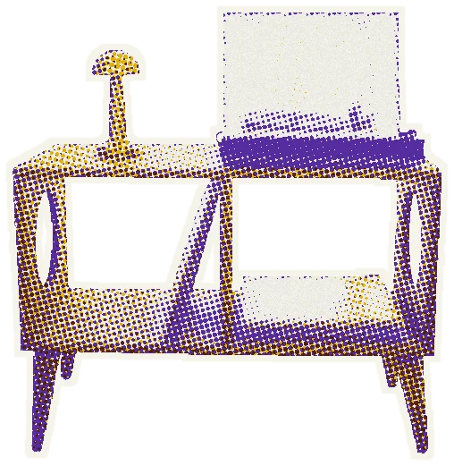 Record console with a turntable and a stack of records